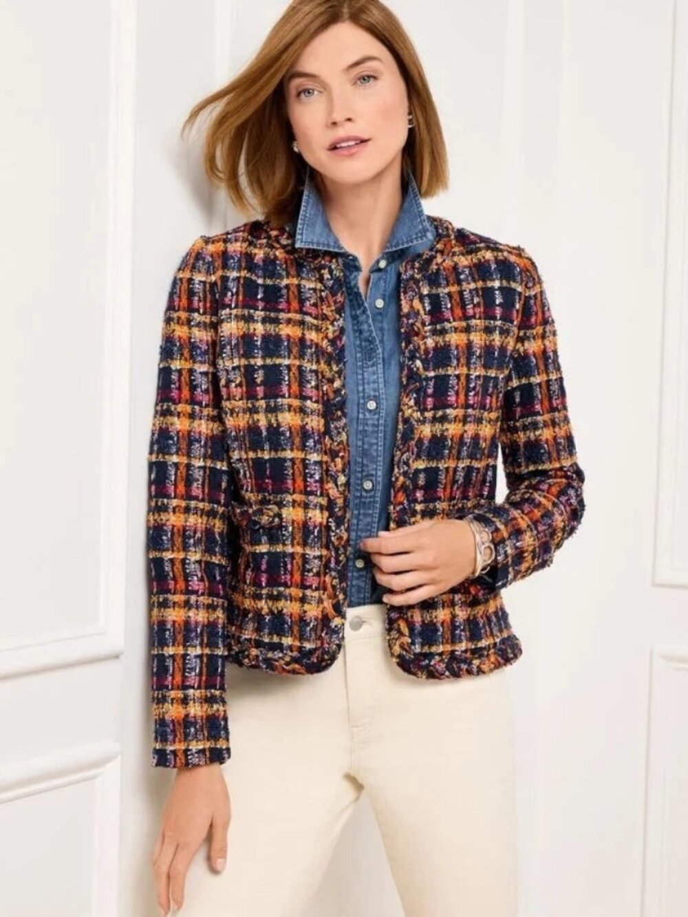 Talbots Tweed Jacket Navy Plaid Pockets Women's Size 22WP NWT Office Academia